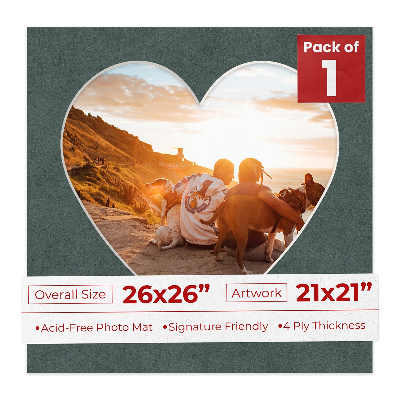 Dark Grey Suede Mat Board for 26x26 Frames - Heart Opening for 21x21 Photos